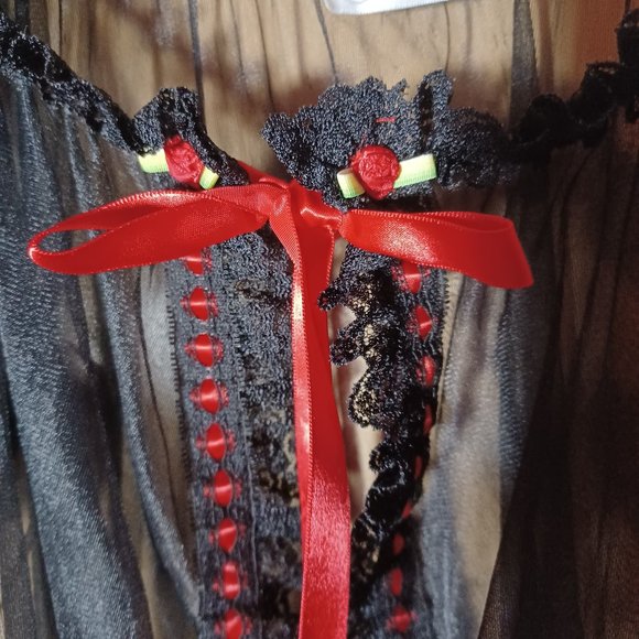 INNER MOST VINTAGE Black Red Ribbon Trim Cap Sleeves Babydoll Robe_Size Medium - Picture 3 of 10